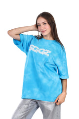 Full Patterned Oversized Cotton Tee - Sky Blue