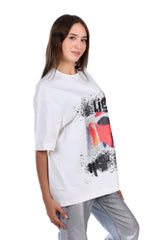 Printed Slip On Loose T-Shirt - White