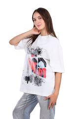 Printed Slip On Loose T-Shirt - White