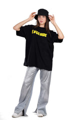 Loose Fit Black T-Shirt With Yellow Print Accent