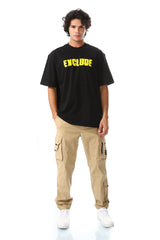 Loose Fit Black T-Shirt With Yellow Print Accent