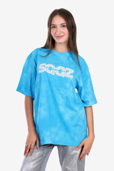 Full Patterned Oversized Cotton Tee - Sky Blue