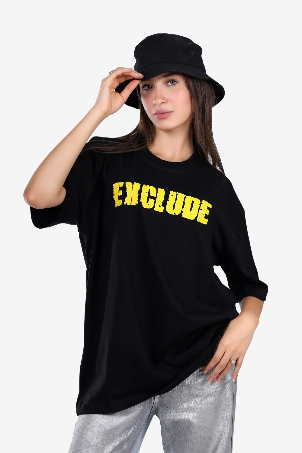 Loose Fit Black T-Shirt With Yellow Print Accent