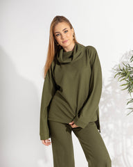 Olive Ribbed High Collar Set