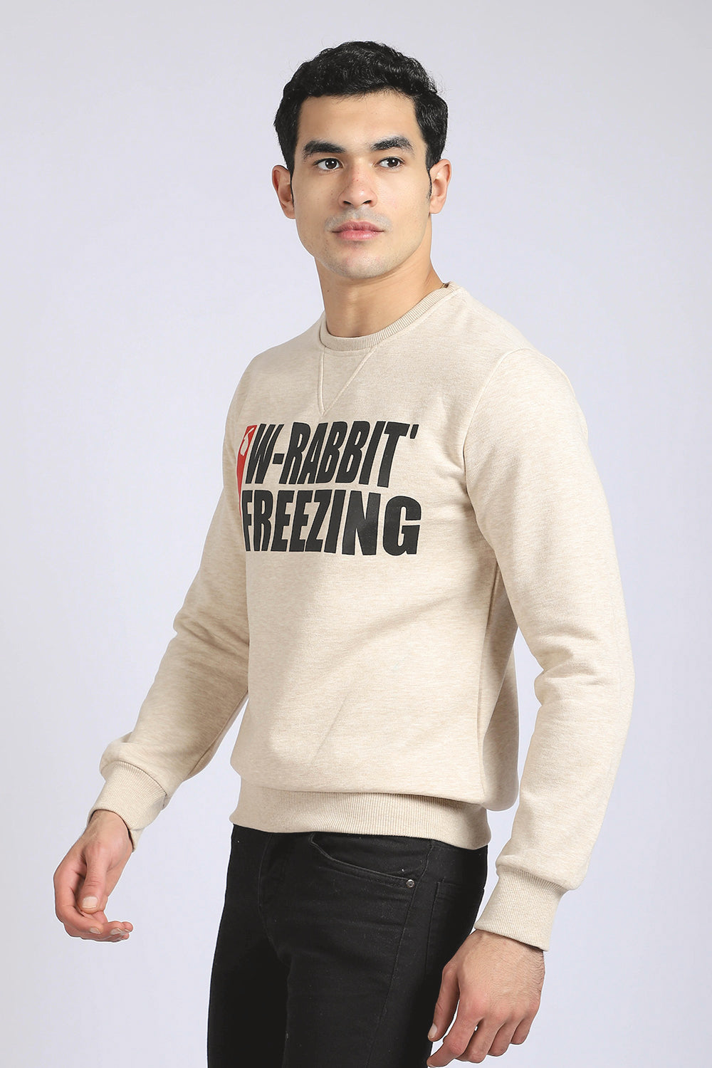 Printed "W-Rabbit Freezing" Inner Fleece Sweatshirt - Heather Beige