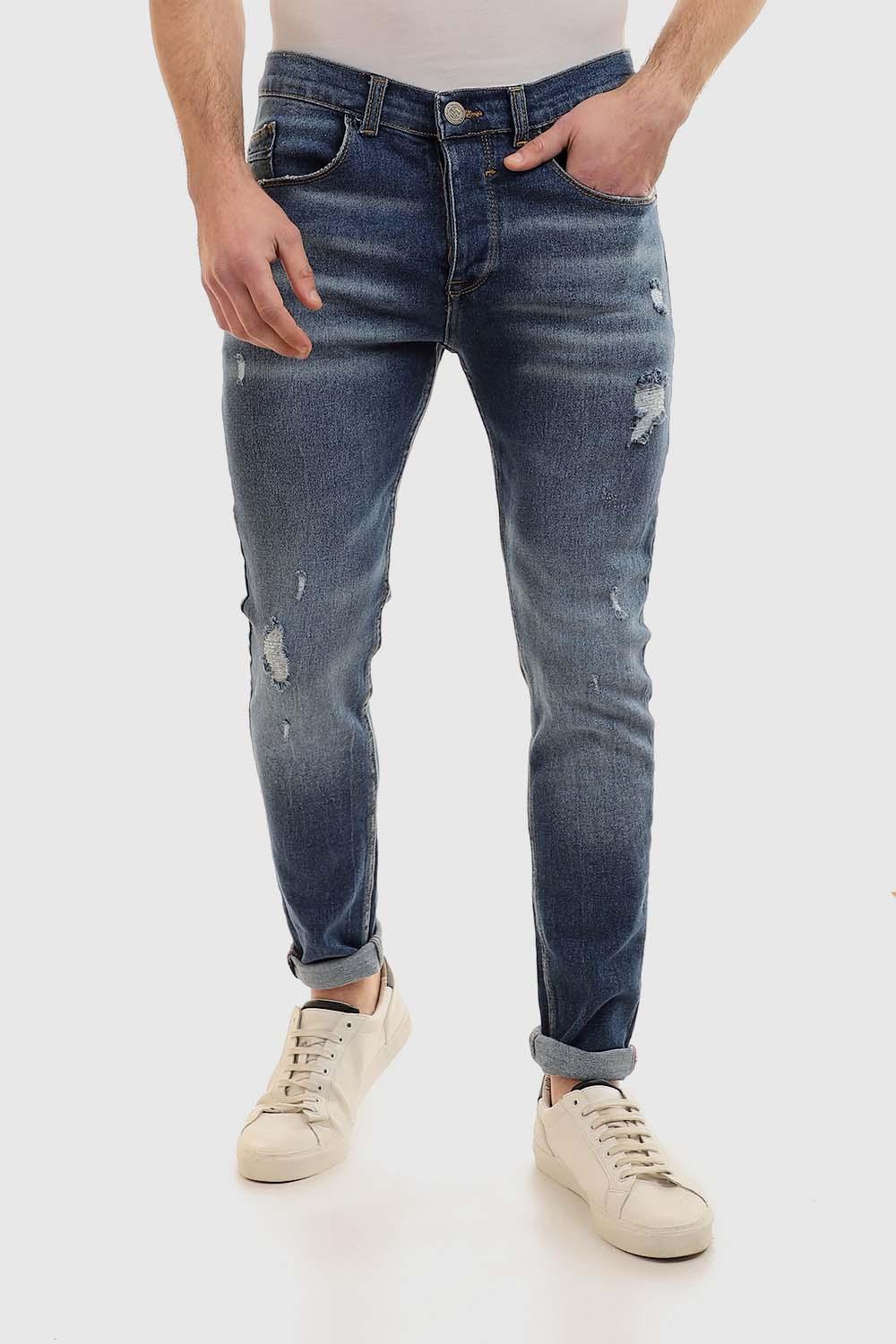 Slim Fit Cotton Jeans With Scratches - Wash Standard Blue