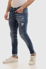 Slim Fit Cotton Jeans With Scratches - Wash Standard Blue