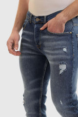 Slim Fit Cotton Jeans With Scratches - Wash Standard Blue