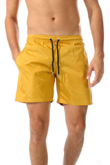 Side Pockets Plain Black Swim Shorts Mustard