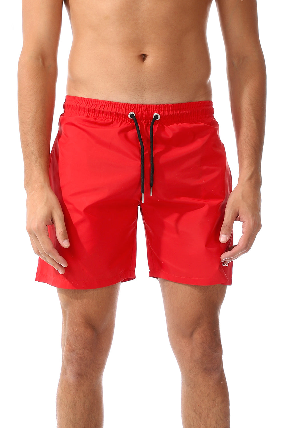 Side Pockets Plain Black Swim Shorts Red