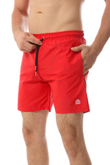 Side Pockets Plain Black Swim Shorts Red