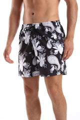 Elastic Waist Polyester Summer Swim Short - Black & White