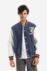 Color Block Denim Bomber Jacket With Back Stitching