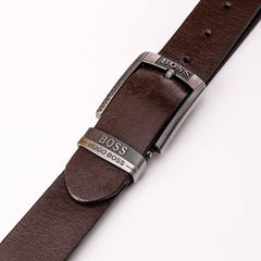 Metal Buckle Plain Leather Belt - Brown