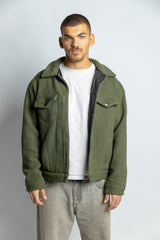 Oversized Cropped Teddy Jacket - Olive Green