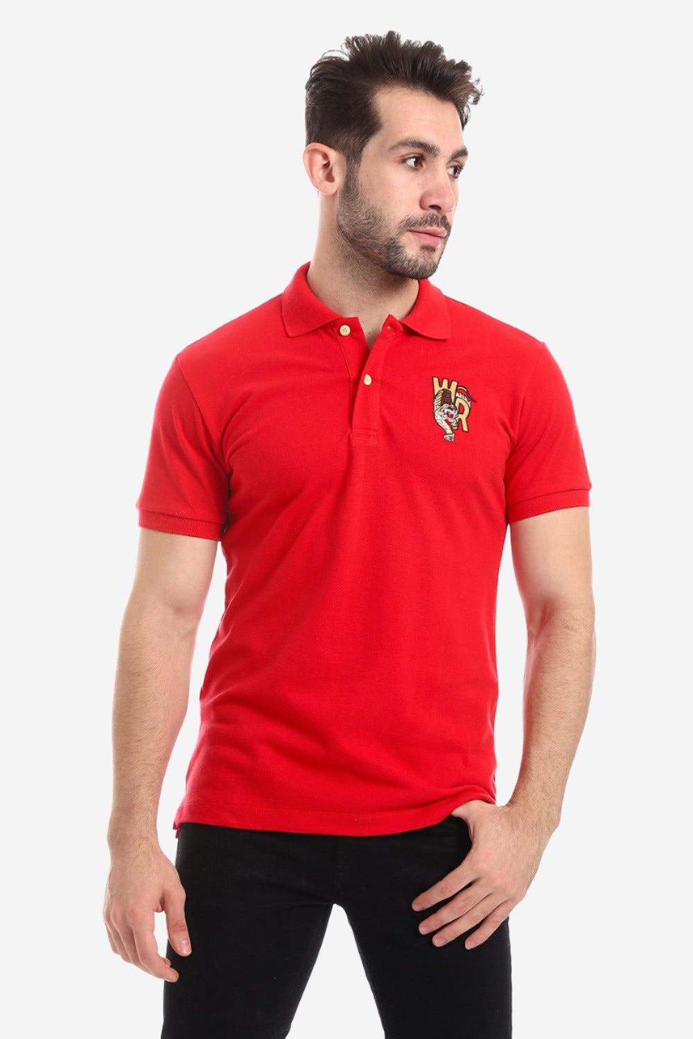 قميص بولو منقوش بشعار الماركة على الصدر - أحمر