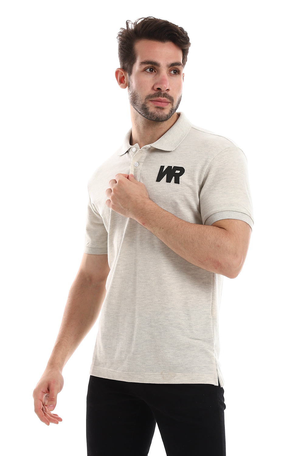 قميص بولو كلاسيكي "WR" بطبعة جانبية – رمادي