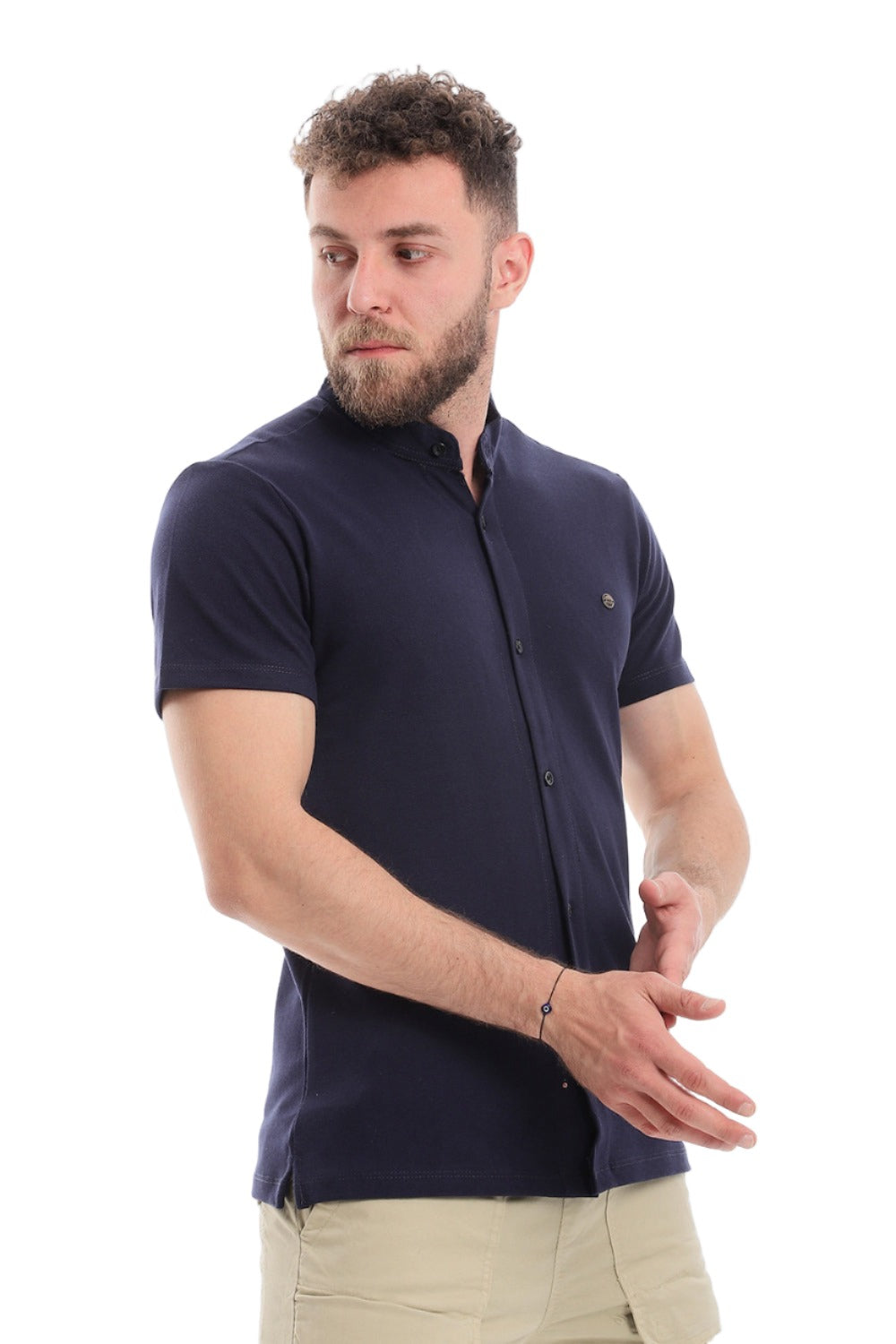 Mandarin Collar Half Sleeves Button Down Shirt