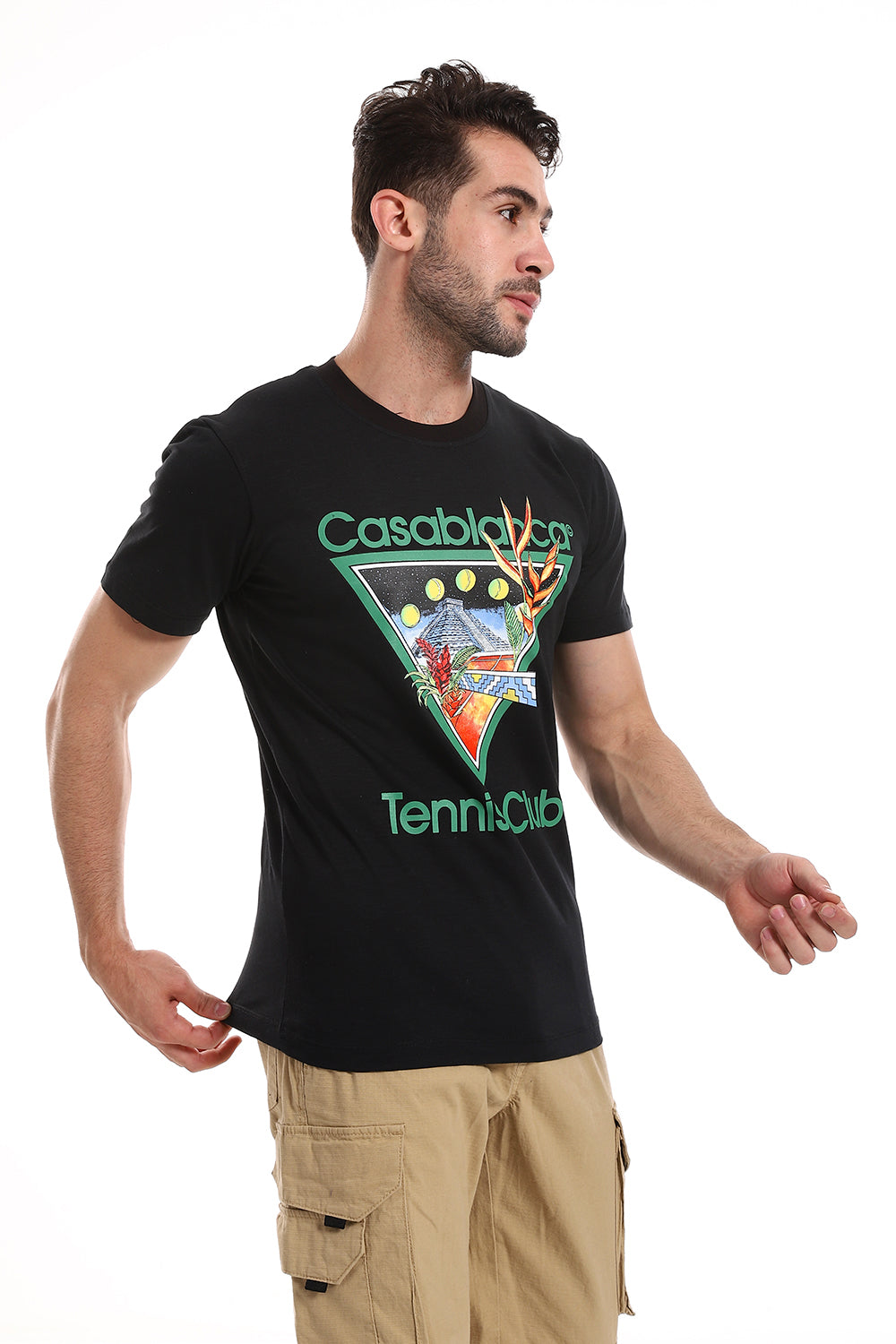 تي شيرت أسود بصدر مثلث "Casablanca Tennis Club".