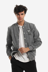 Love "R" Stitching Allover Heather Grey Baseball Jacket With Side Pockets