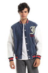 Color Block Denim Bomber Jacket With Back Stitching