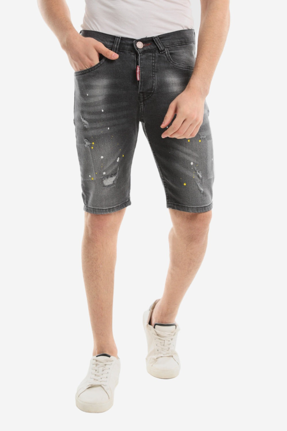 Red Ripped Framing Stitched Dark Washed Jeans Shorts