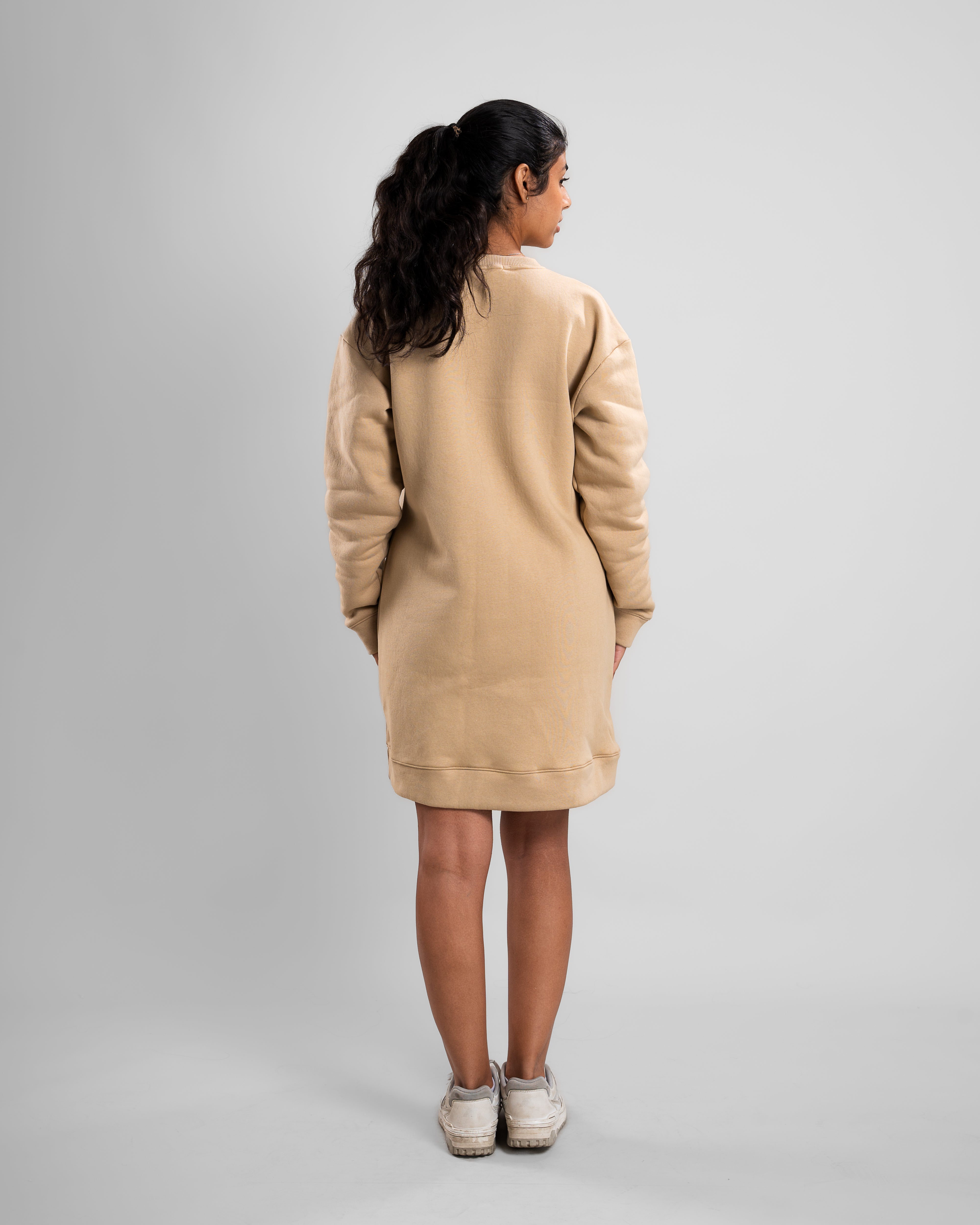 back view of Café Crew Neck Short Dress showing heavy Melton fabric for a cozy winter look.