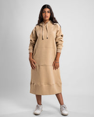 front look of Café Hoodie Long Dress with front pocket and hood, perfect for layering.