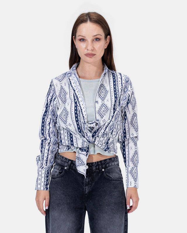 White and Blue Printed Blouse