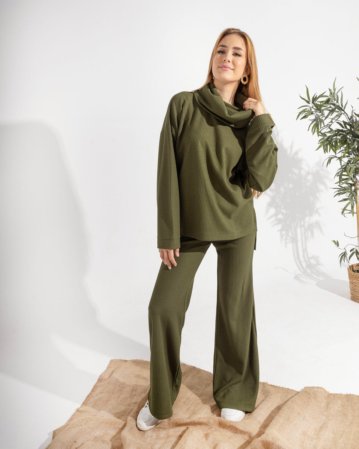 Olive Ribbed High Collar Set