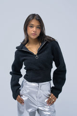 Long Sleeve Half Zip High Neck Crop Fluffy Fleece Sweatshirt