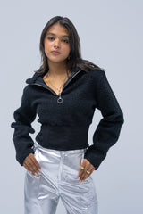 Long Sleeve Half Zip High Neck Crop Fluffy Fleece Sweatshirt