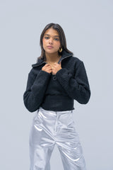 Long Sleeve Half Zip High Neck Crop Fluffy Fleece Sweatshirt