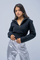 Long Sleeve Half Zip High Neck Crop Fluffy Fleece Sweatshirt