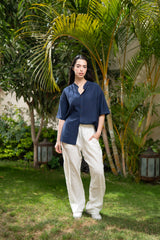 Oversized Short Sleeve Linen Shirt - Navy