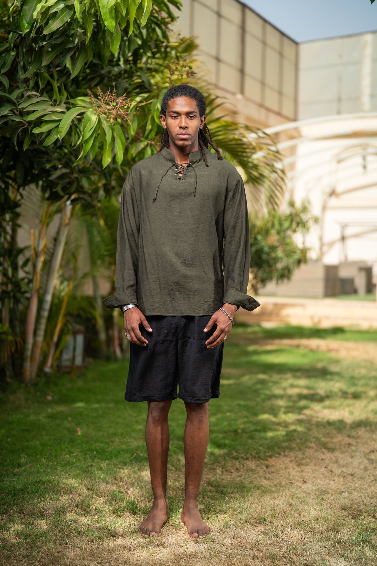 Oversized Long Sleeve Linen Shirt - Olive Green