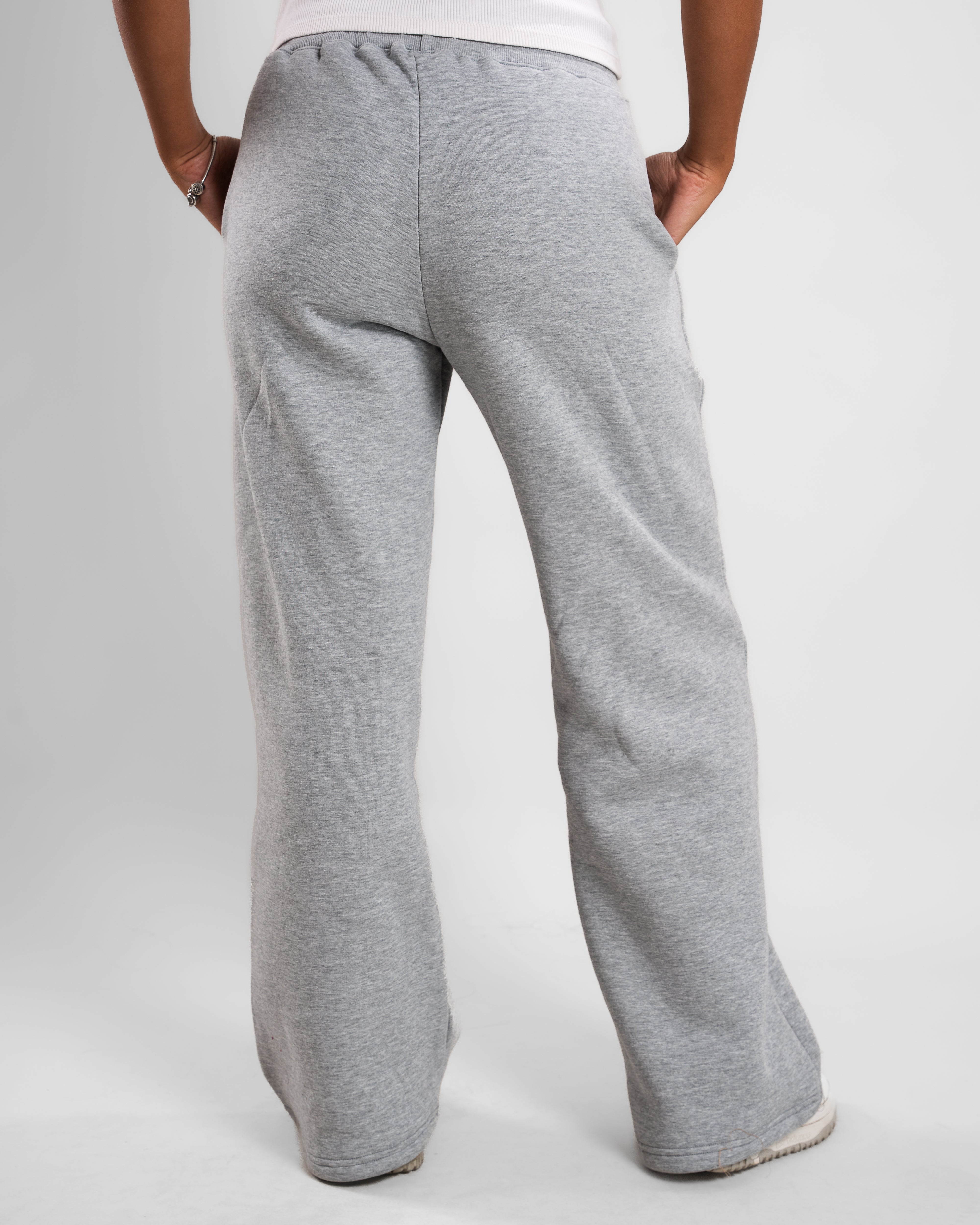 Back view of grey-colored Sweat Pants with a comfortable elastic waistband