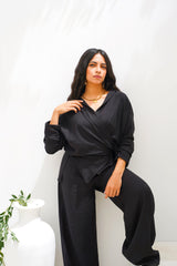 Linen Wrapped shirt & wide legs Pants Set in Black