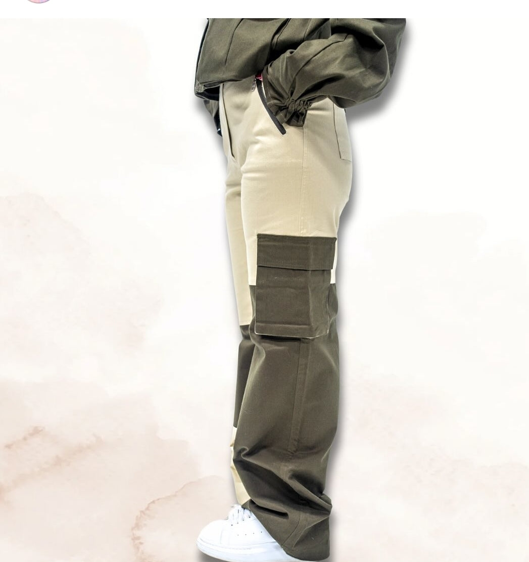 2 color cargo pants beige and army green