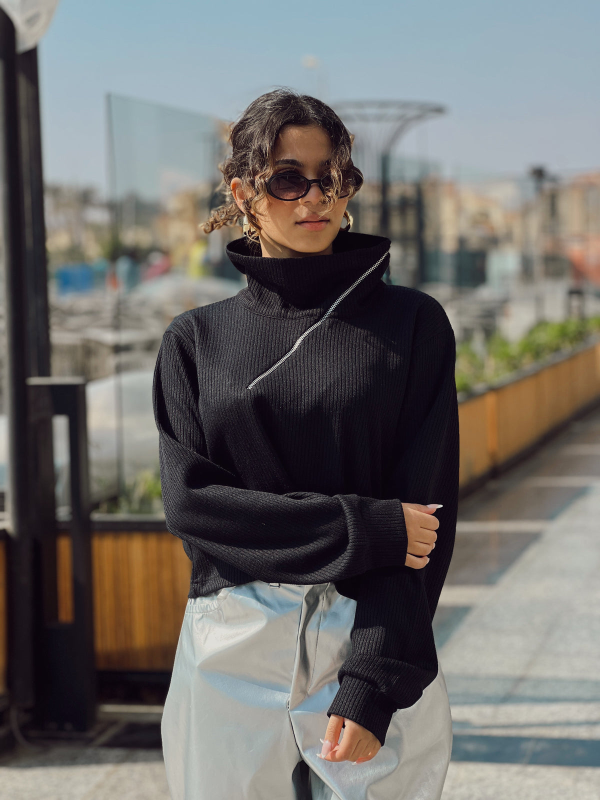 Black crop top with silver zip