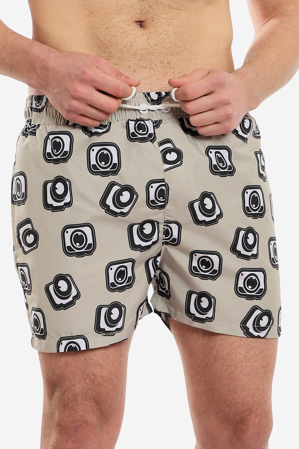 Back Pocket Cameras Patterned Swimshort - Neutrals, White & Black