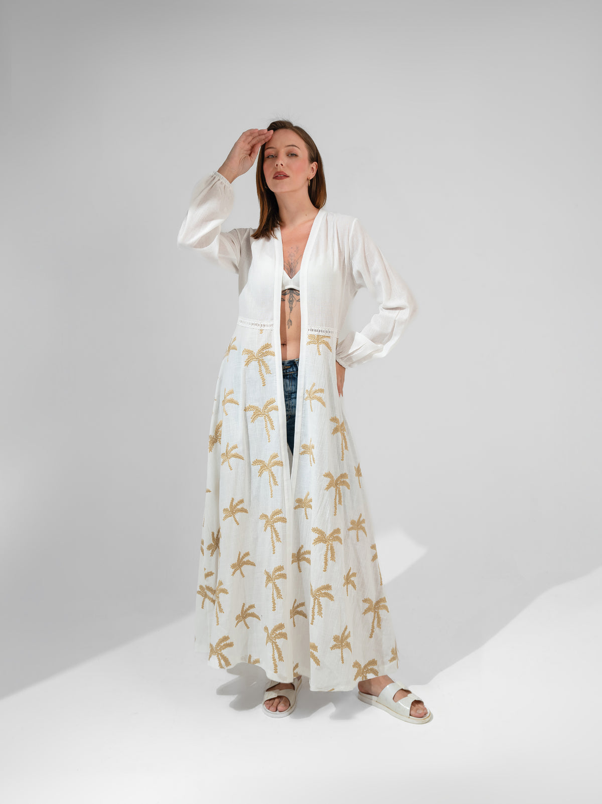 Embroidered linen sleeved kimono with belt