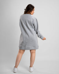 Back view of Model wearing a grey Crew Neck Short Dress with long sleeves, casual style.