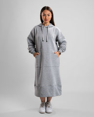 front look of Model in a grey Hoodie Long Dress with thick Melton fabric, cozy and stylish.