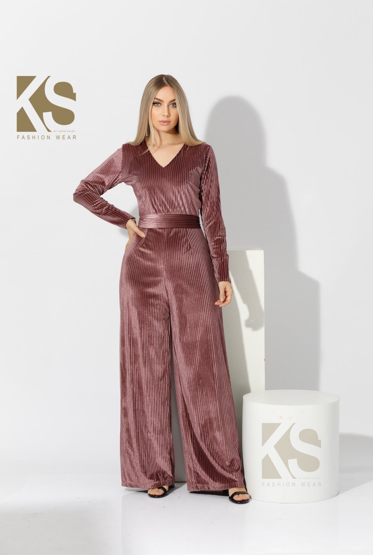 Striped Velvet wide leg Jumpsuit