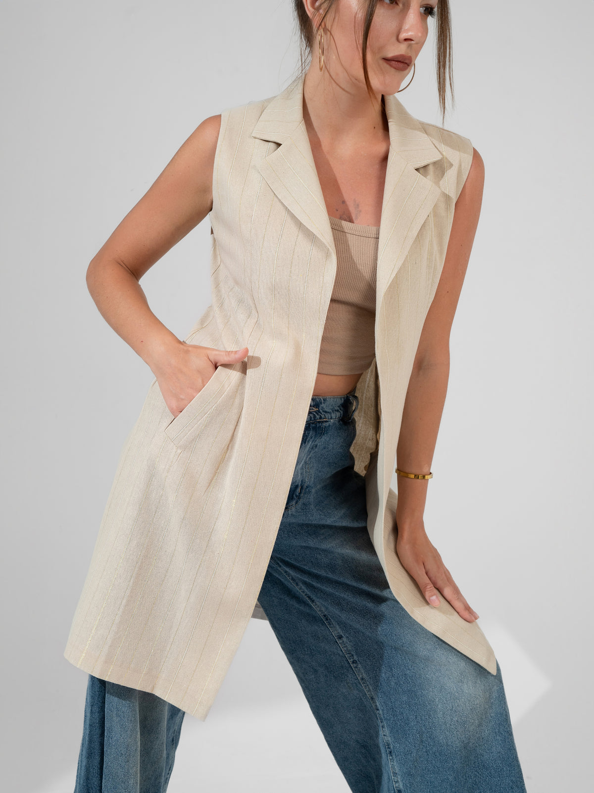 Striped metallic linen - Long Vest