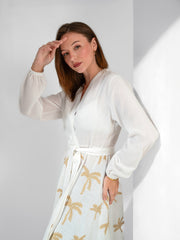 Embroidered linen sleeved kimono with belt