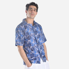 Cotton printed Hawaii shirt- blue leaves