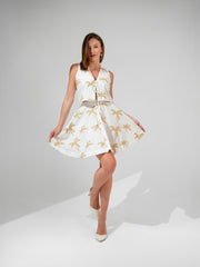 Embroidered white linen high-waist mini skirt-set