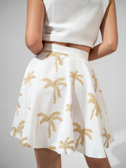 Embroidered white linen high-waist mini skirt-set